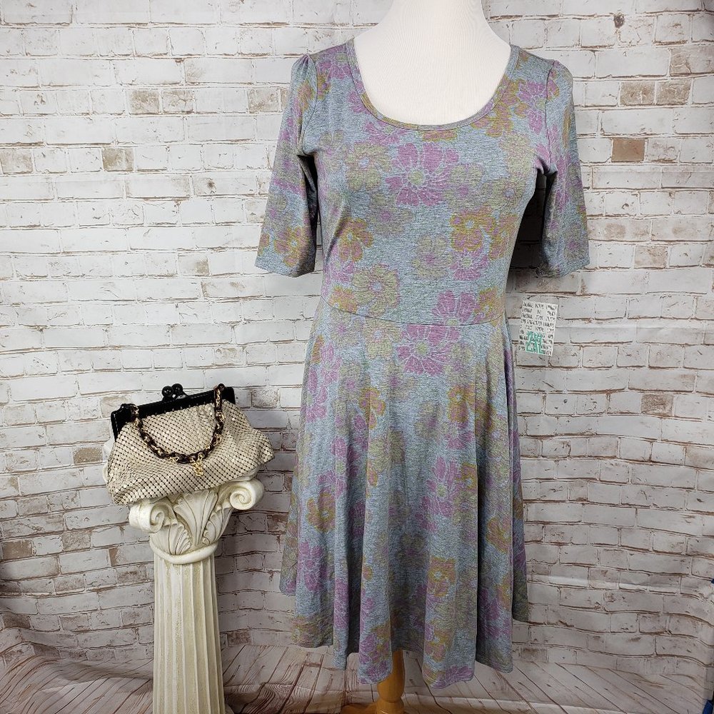 NWT LuLaRoe Size 2XL Heather Gray Pink Floral Nicole Fit & Flare Dress Stretch